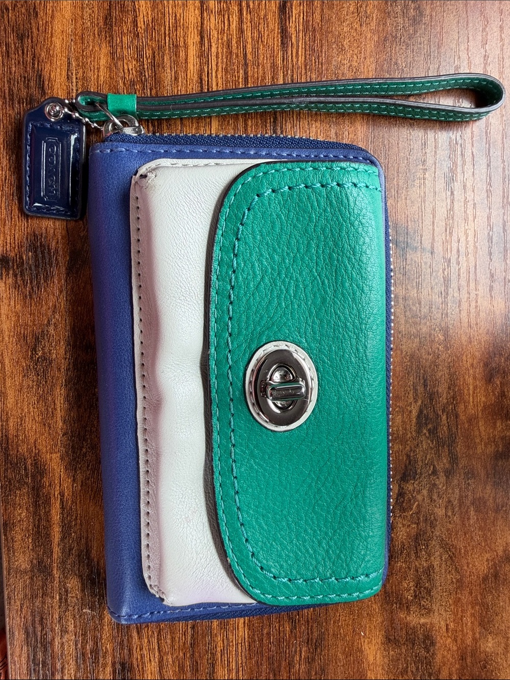 Coach Colorblock Leather Wristlet Phone Wallet in Teal, Navy & White